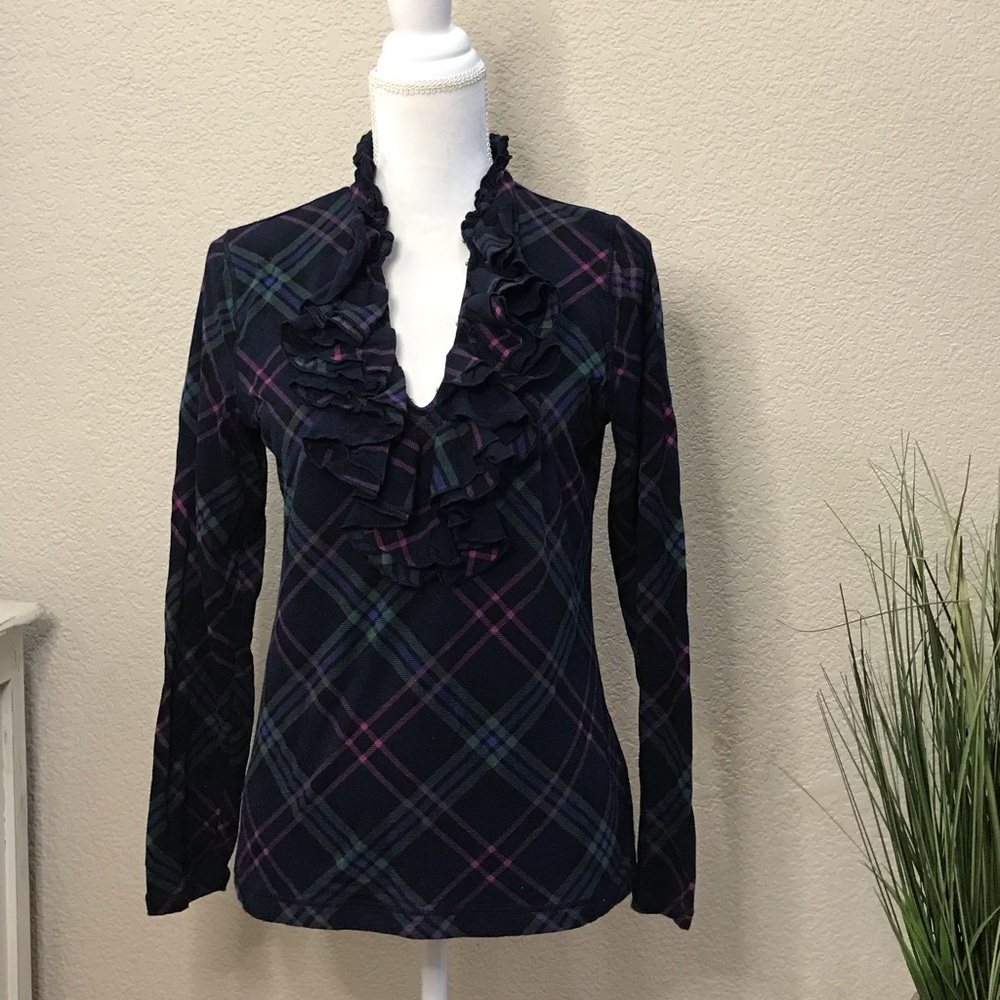 Lauren Ralph Lauren ruffled high neck plaid shirt, 100% cotton long sleeve sz M